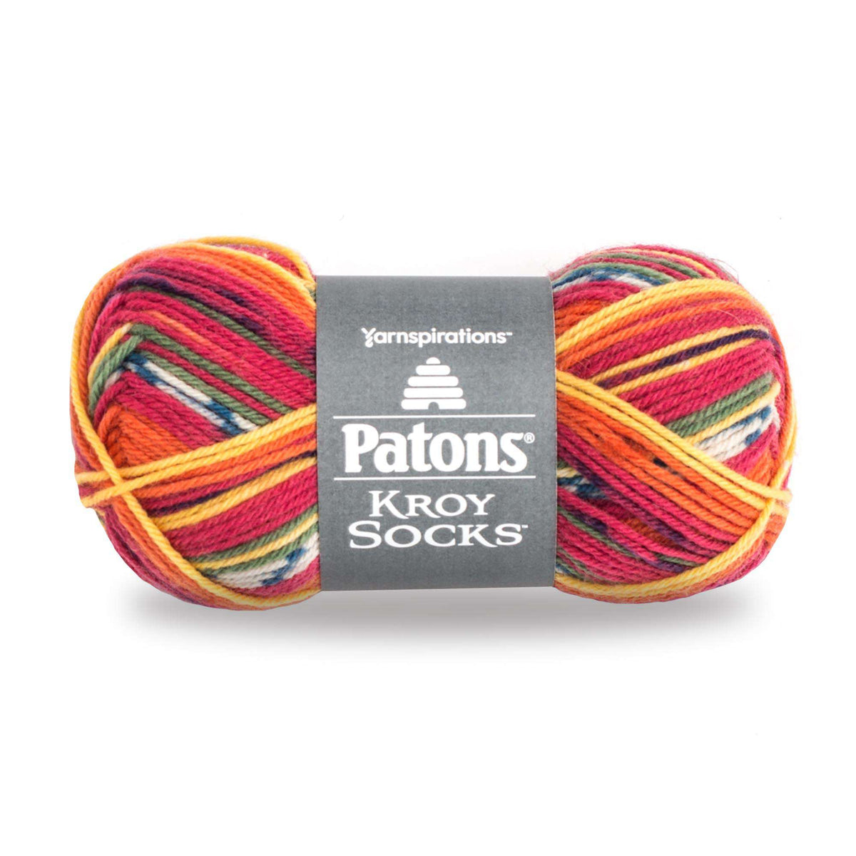 Multicolored skein of yarn with Patons label on a white background