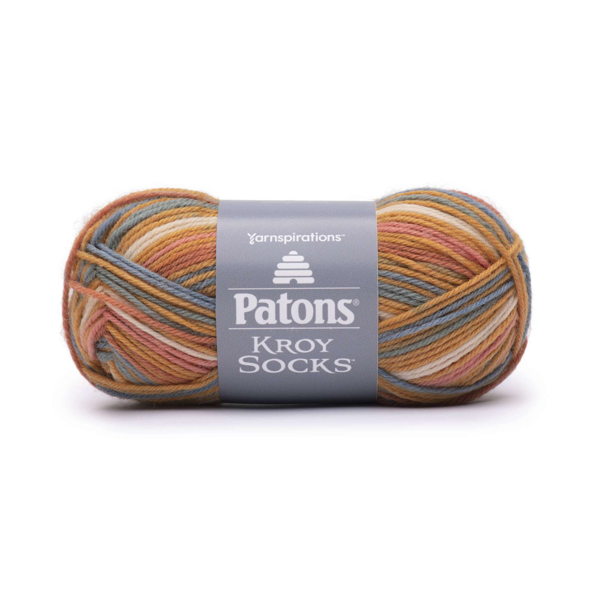 Multicolored skein of Patons Kroy Socks yarn on a white background