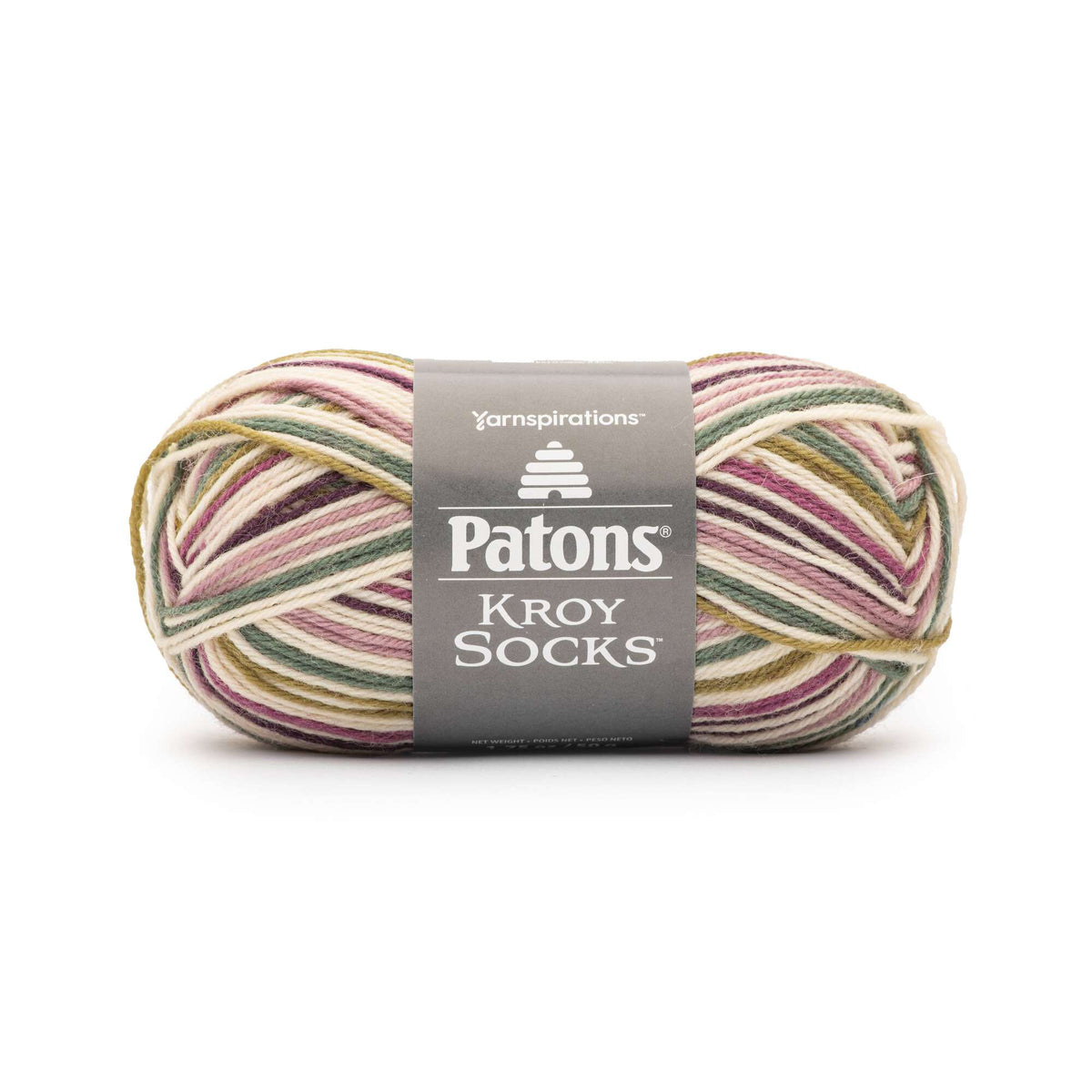 Ball of yarn with Patons label on a white background