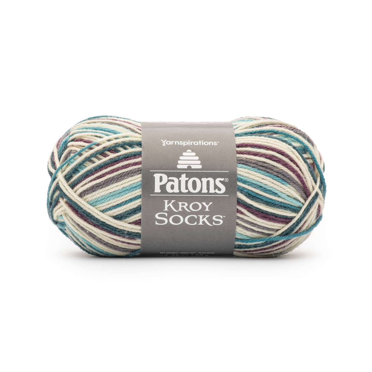 Ball of Patons Kroy Socks yarn with multicolor pattern on a white background