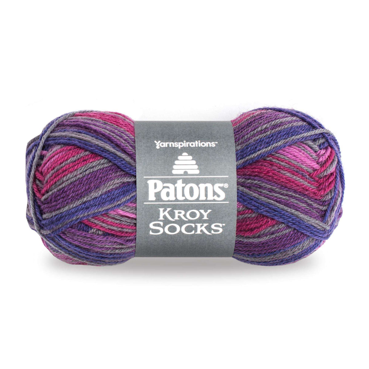 Multicolored skein of yarn with Patons label on a white background