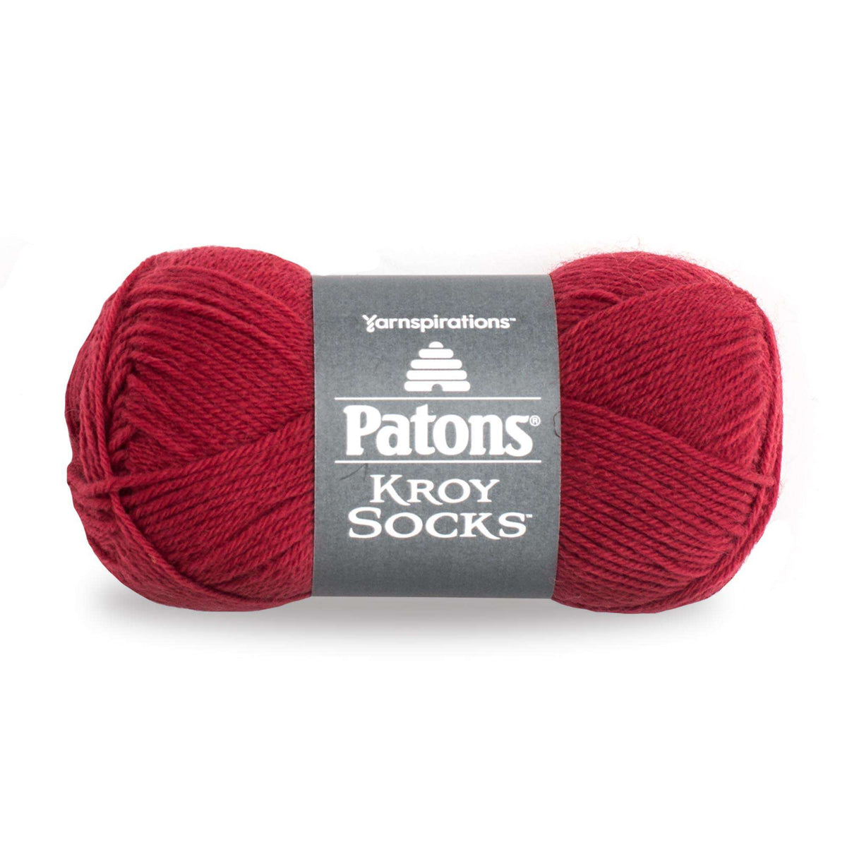 Red skein of Patons Kroy Socks yarn on a white background