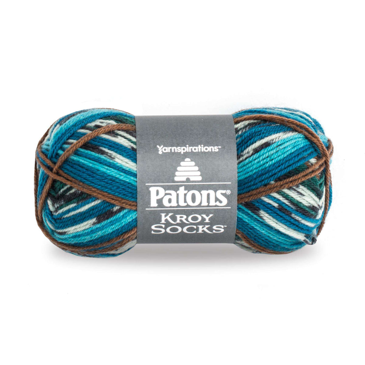 Ball of yarn with Patons Kroy Socks label on a white background