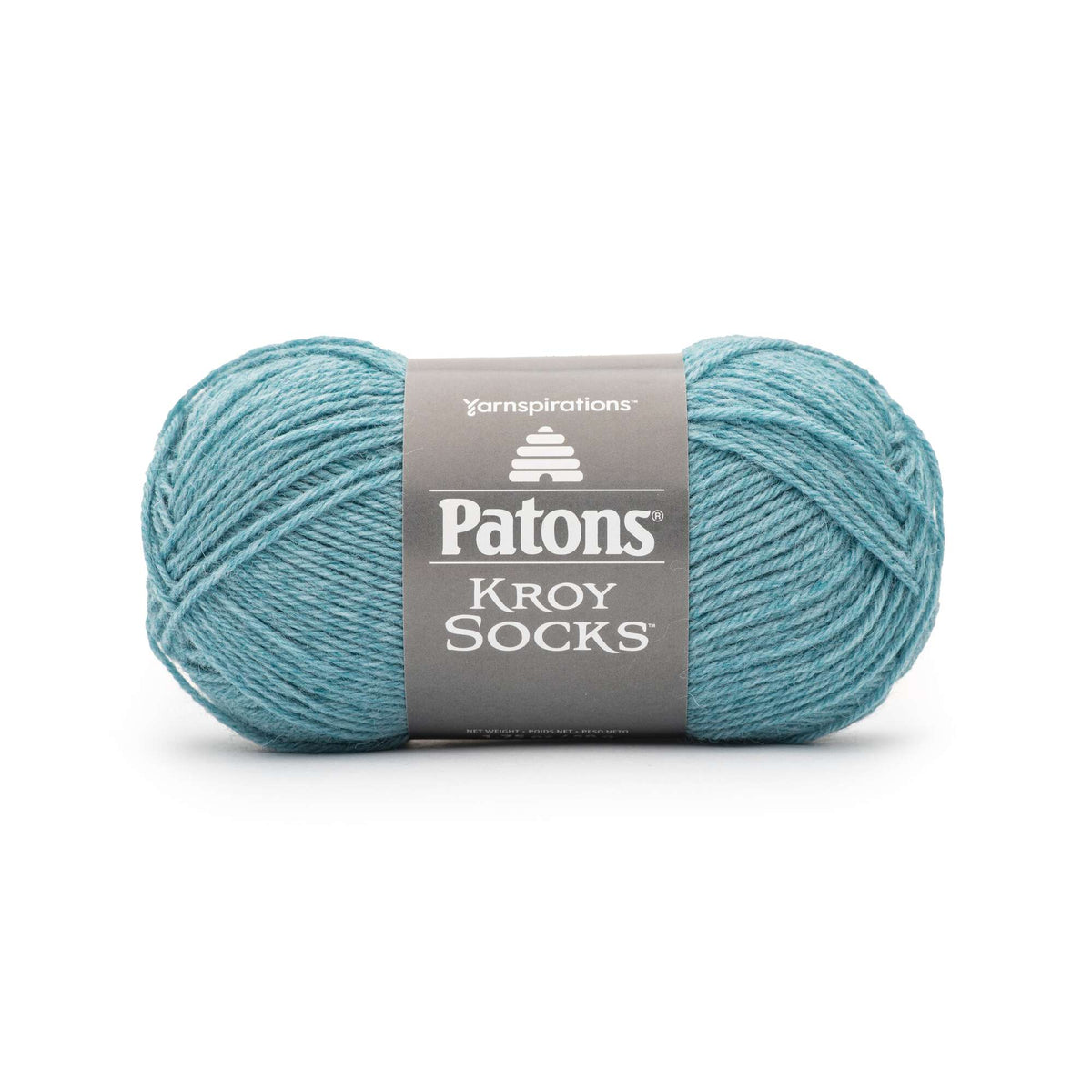 Teal skein of Patons Kroy Socks yarn on a white background