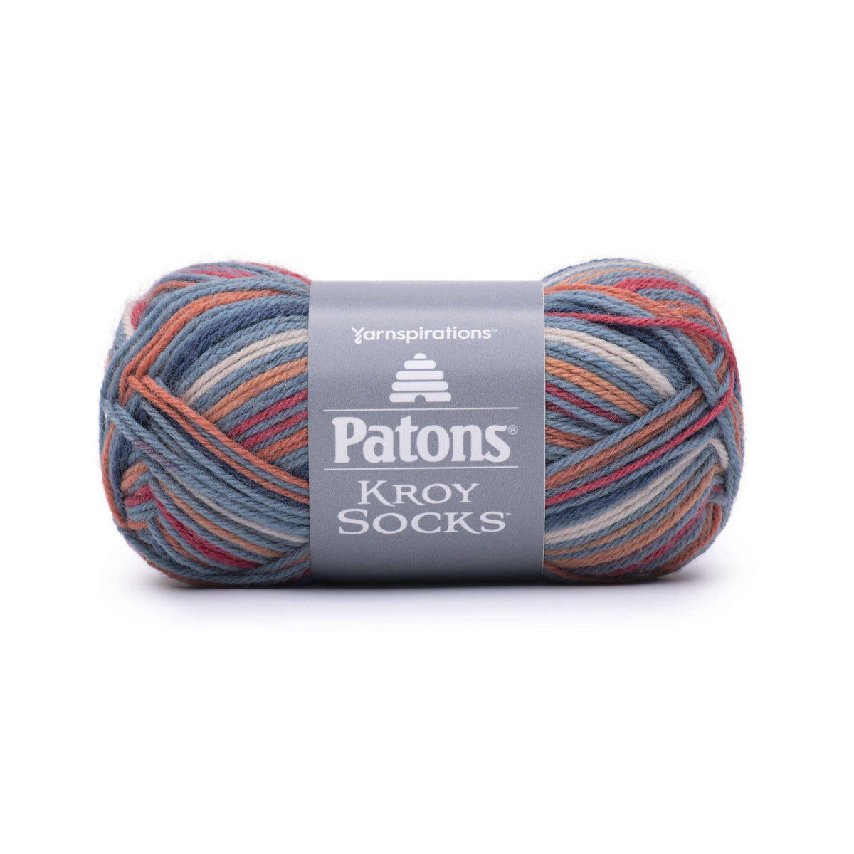 Ball of Patons Kroy Socks yarn with multicolor pattern on a white background