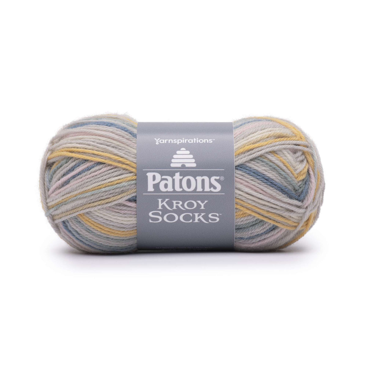 Ball of yarn with Patons label on a white background