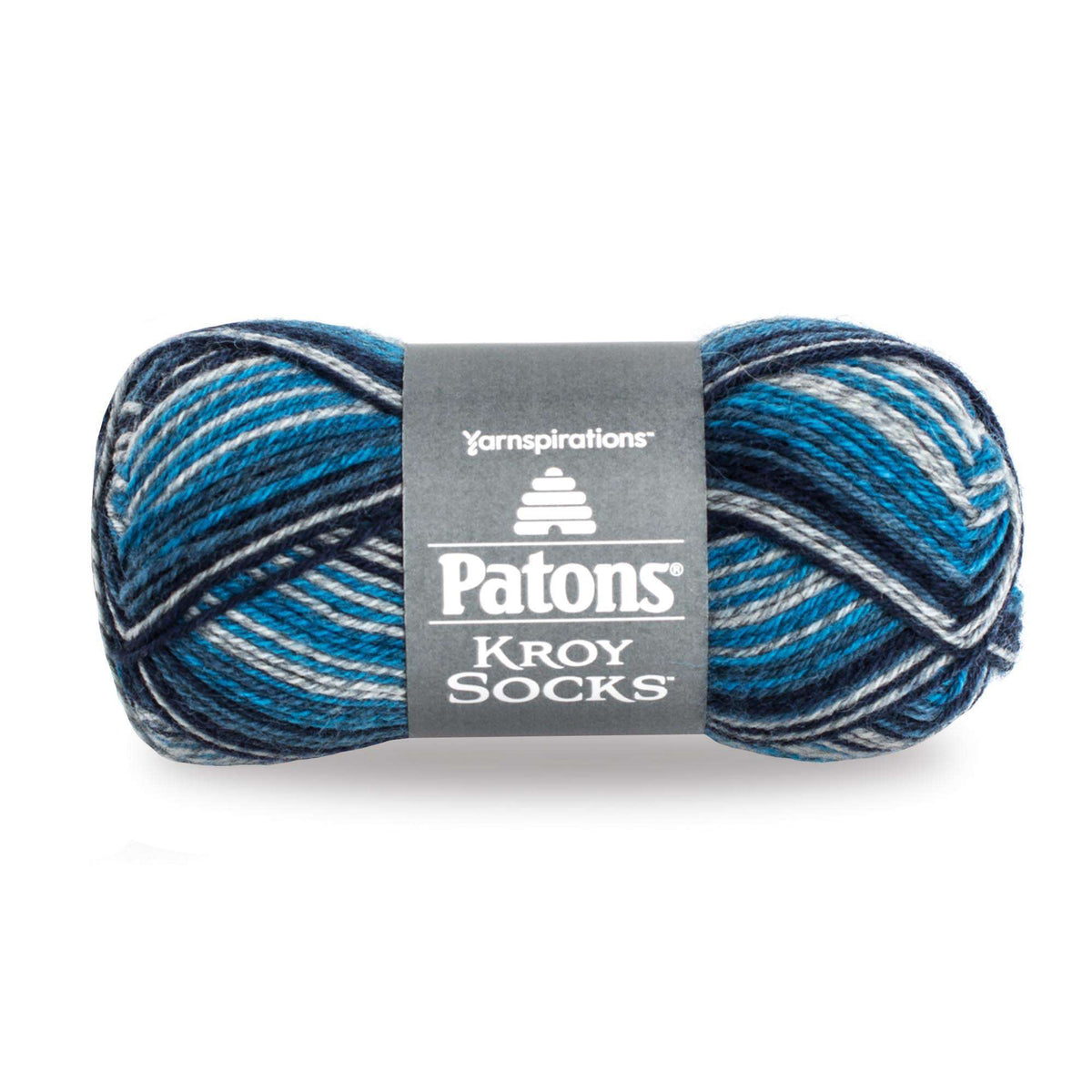 Blue and gray striped yarn ball with Patons label on a white background