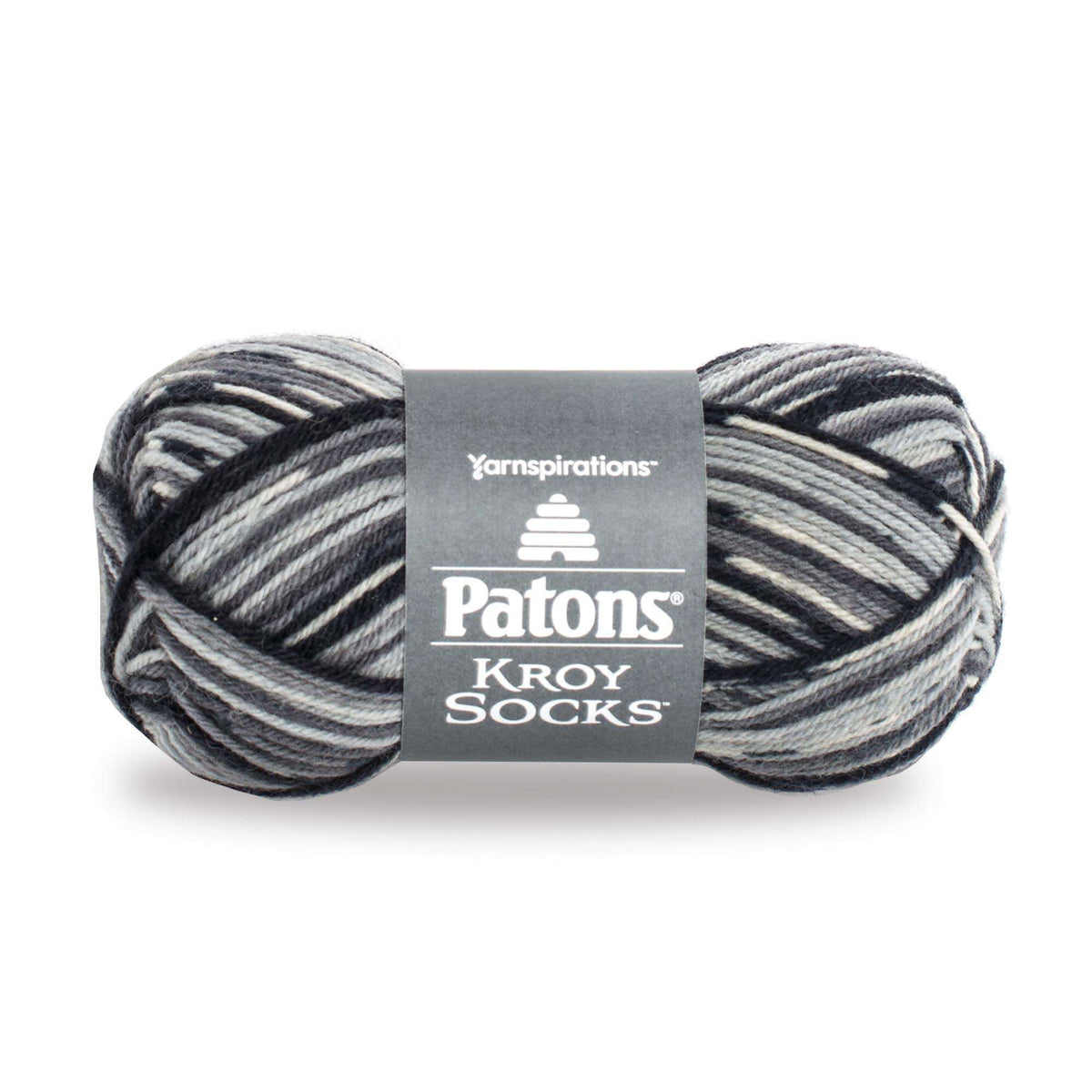 Gray and black striped skein of Patons Kroy Socks yarn on a white background