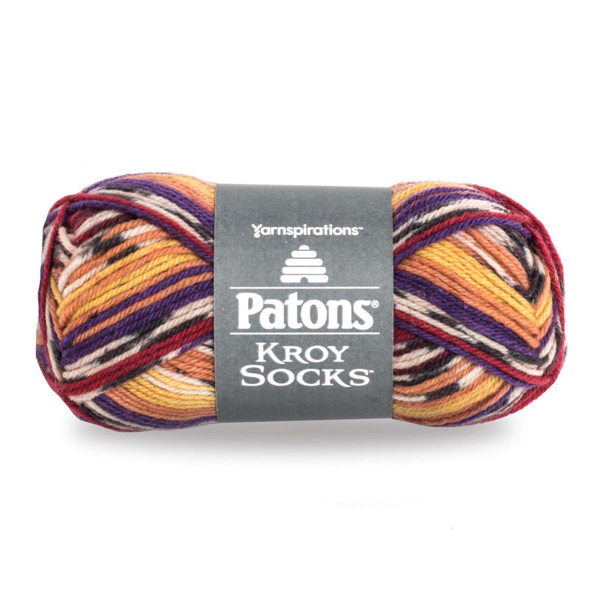 Multicolored skein of yarn with Patons label on a white background