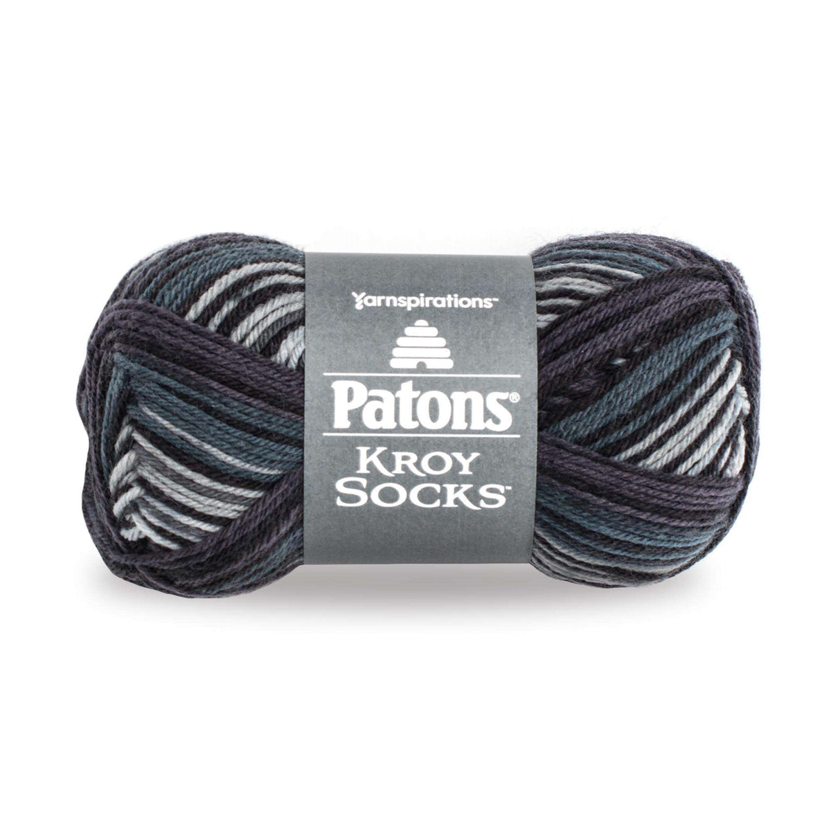 Ball of Patons Kroy Socks yarn with a label on a white background