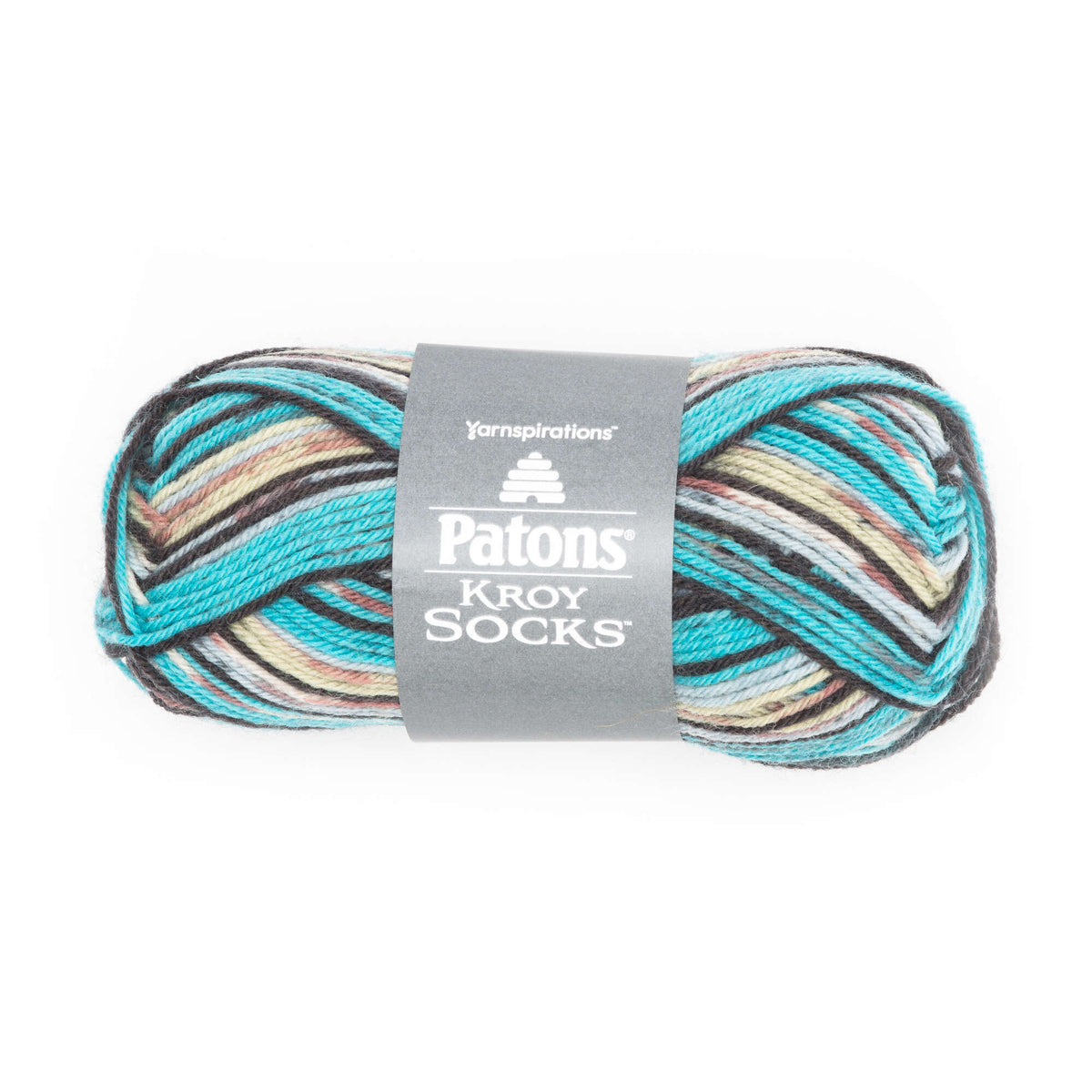 Multicolored skein of yarn with Patons label on a white background