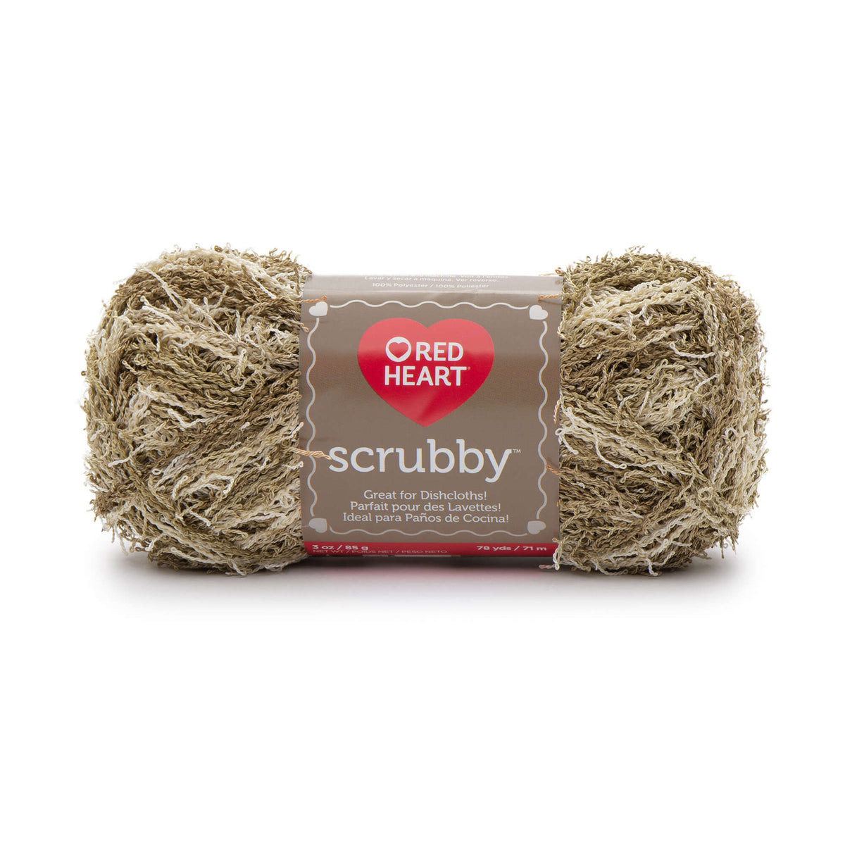 Ball of scrubby yarn with Red Heart label on a white background