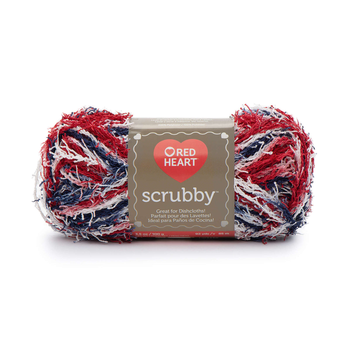 Red Heart Scrubby yarn ball with label on a white background