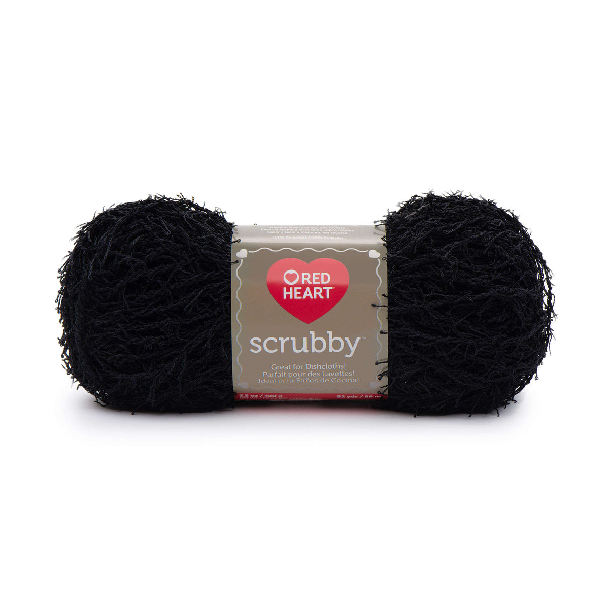 Black scrubby yarn with Red Heart label on a white background