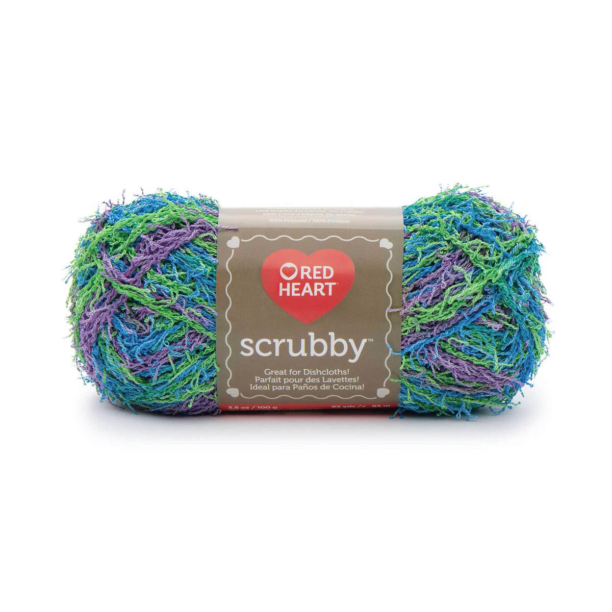 Ball of yarn with 'Red Heart Scrubby' packaging on a white background