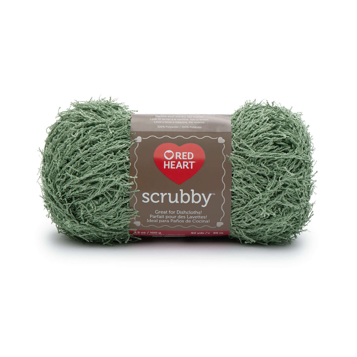 Green scrubby yarn with Red Heart label on a white background