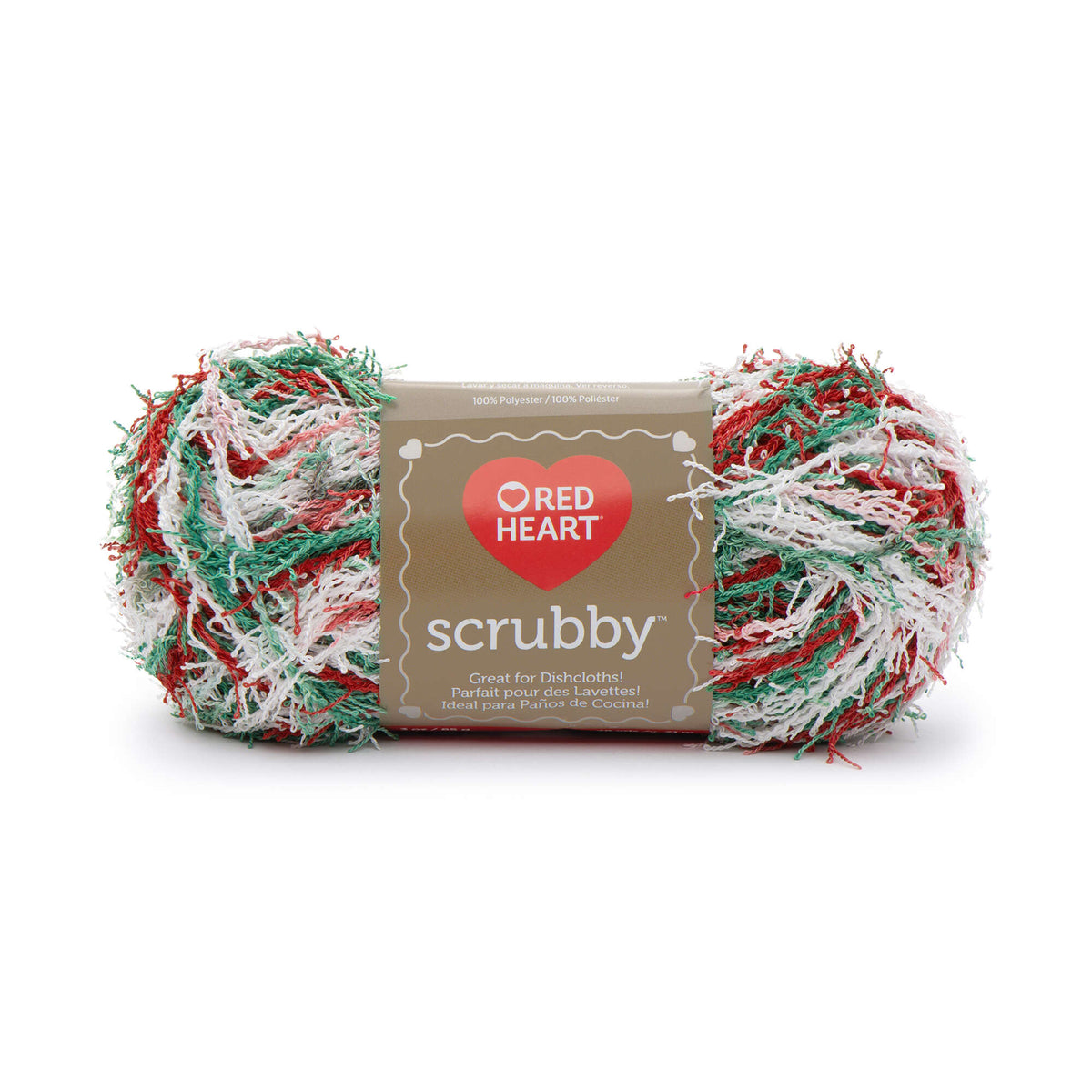 Red Heart Scrubby yarn ball with packaging on a white background