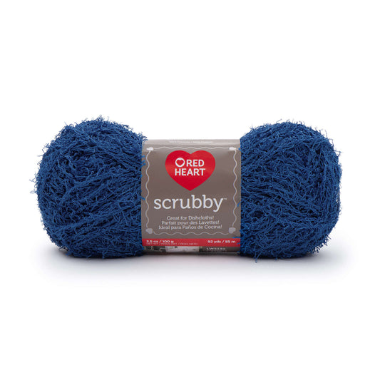 Blue scrubby yarn with Red Heart label on a white background