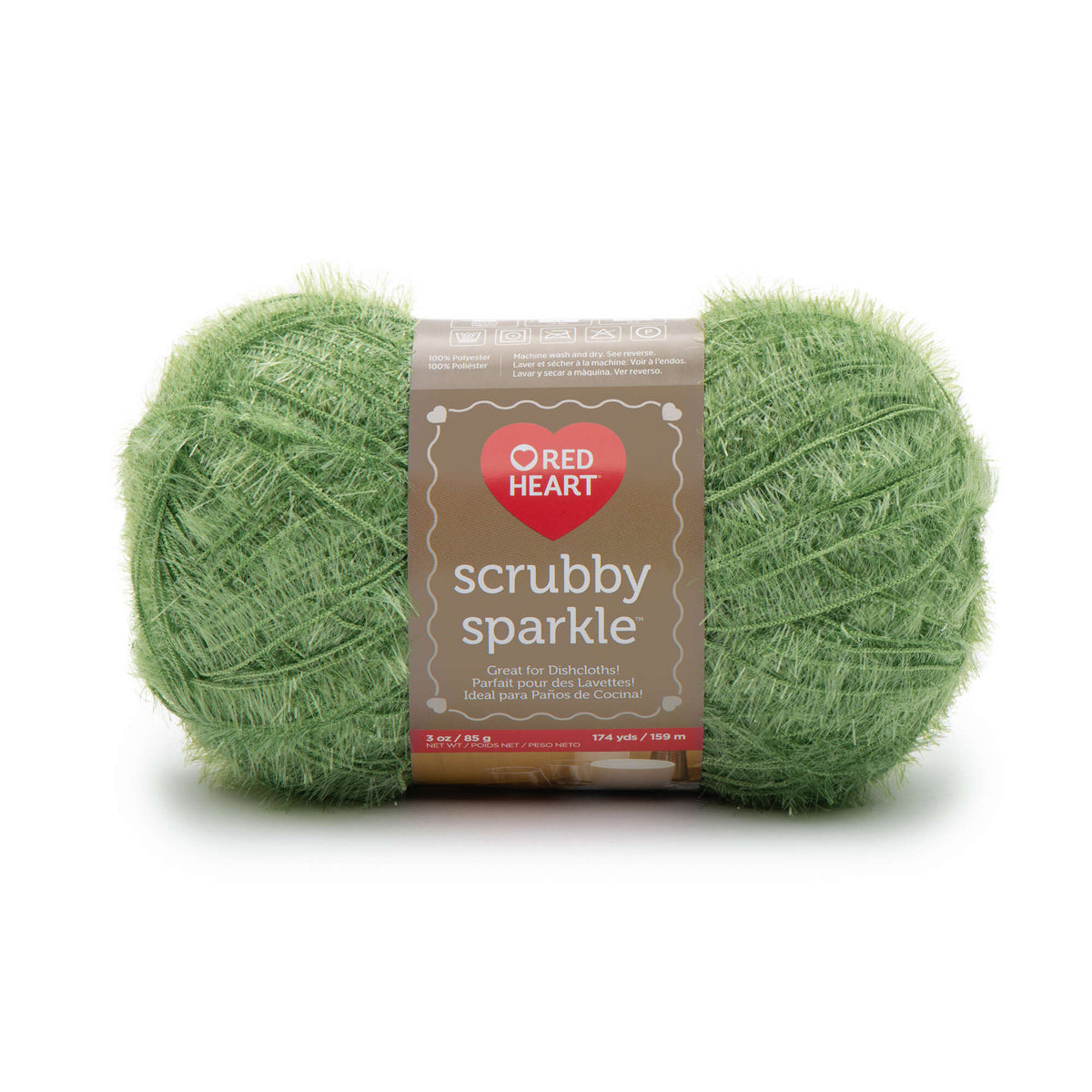 Green scrubby sparkle yarn with Red Heart label on a white background