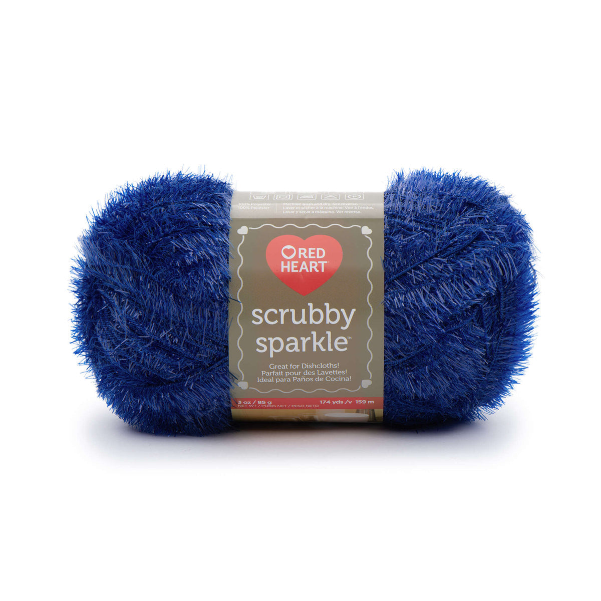 Ball of blue Red Heart Scrubby Sparkle yarn on white background