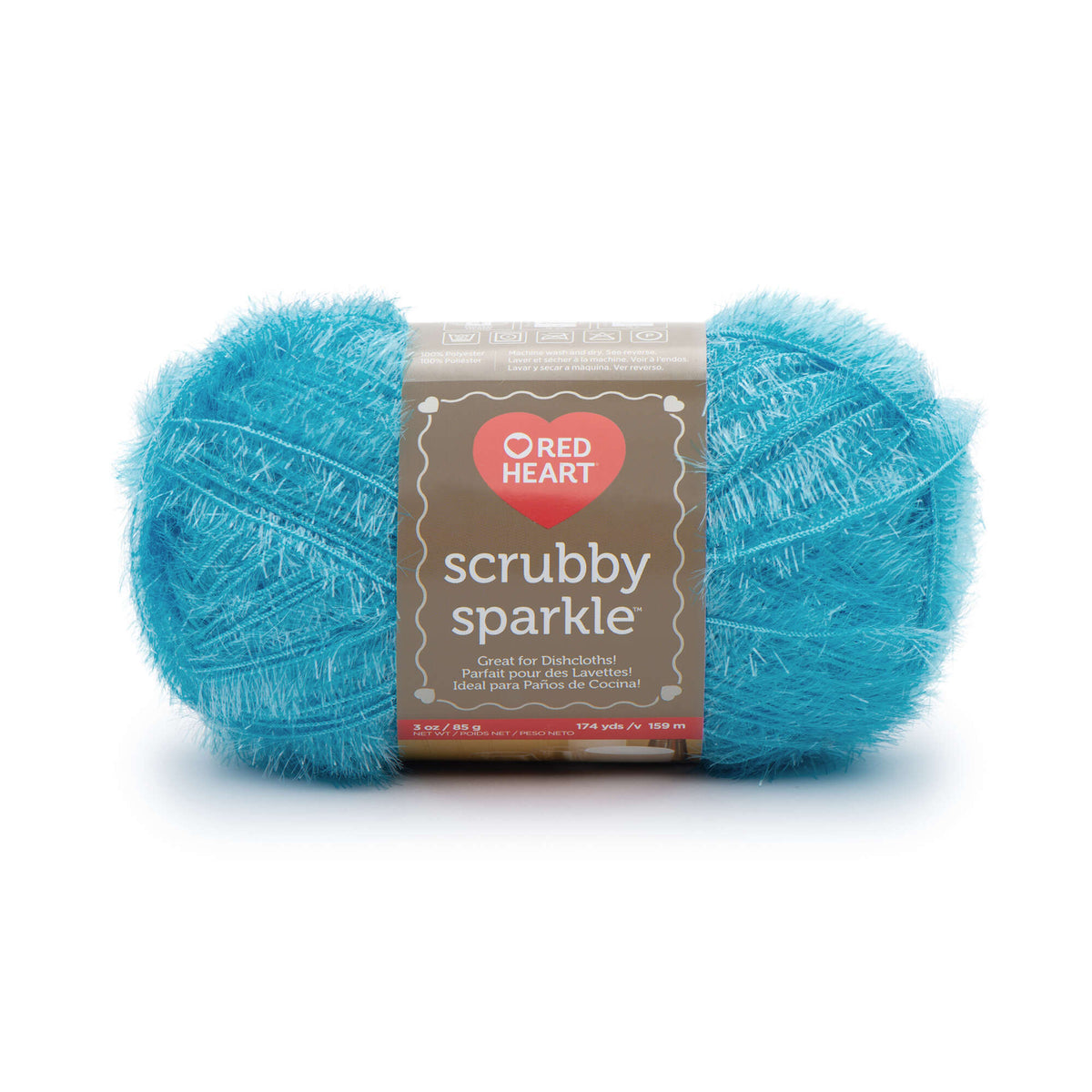Ball of blue Red Heart Scrubby Sparkle yarn on white background