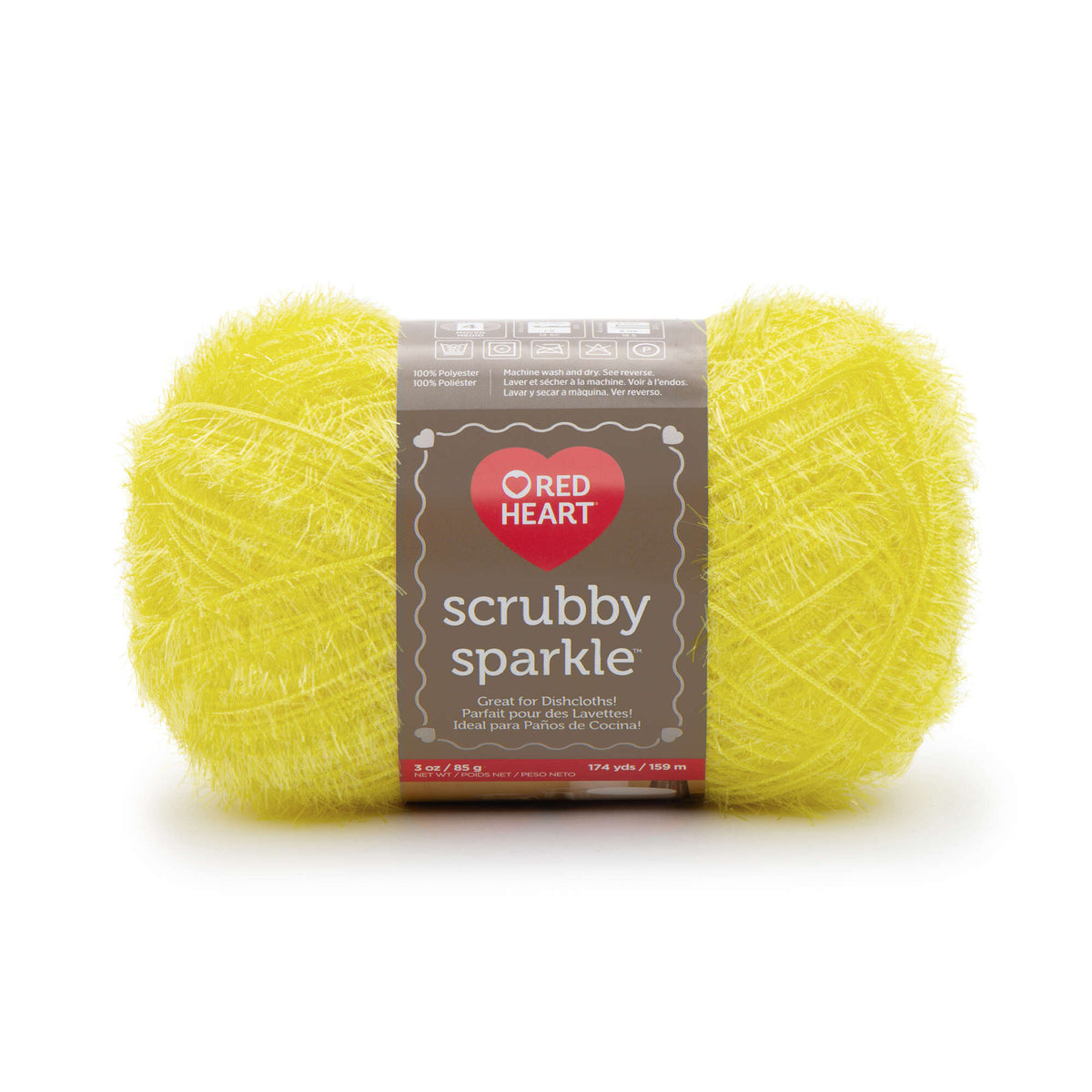 Ball of yellow Red Heart Scrubby Sparkle yarn on white background