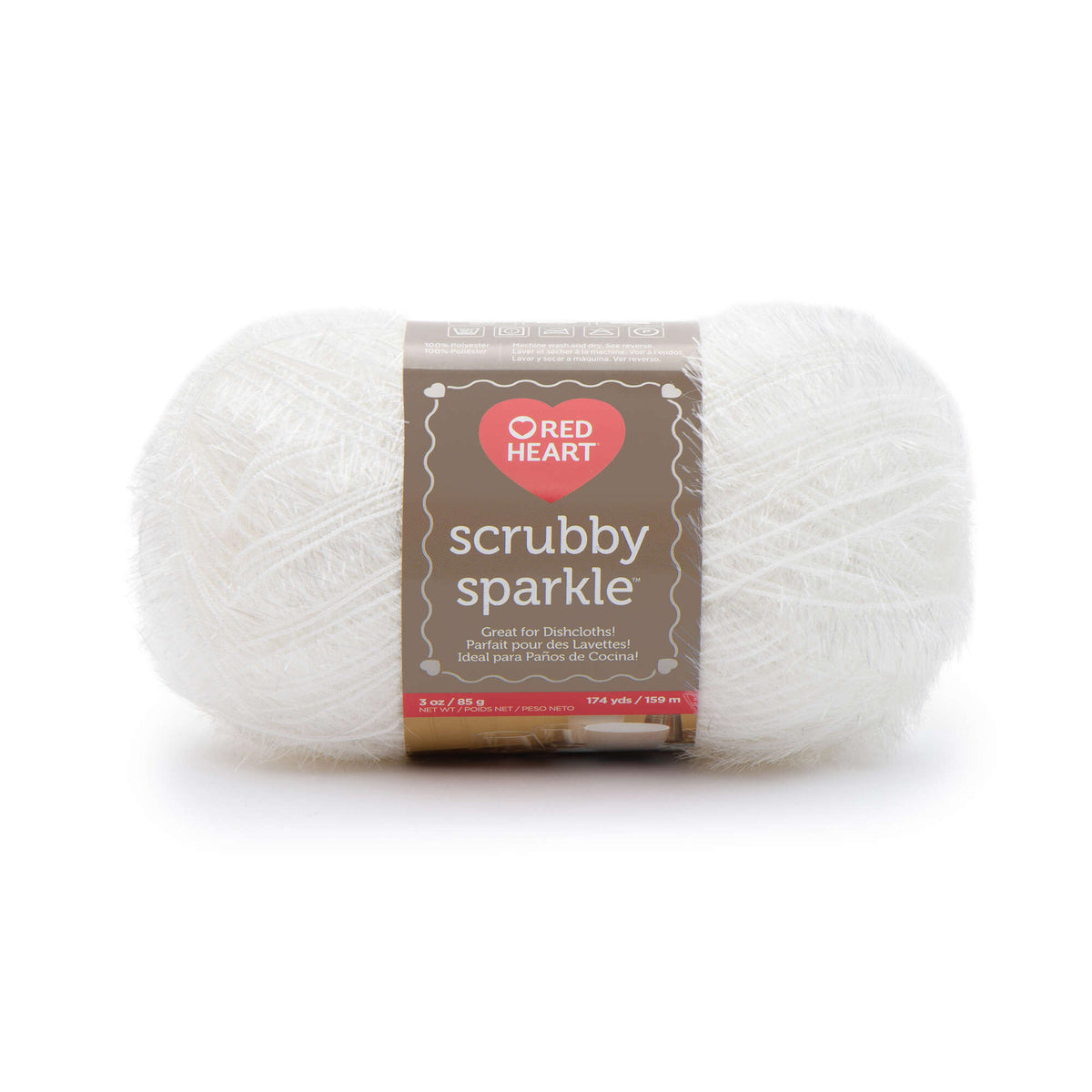 Ball of white yarn with 'Red Heart' label on a white background