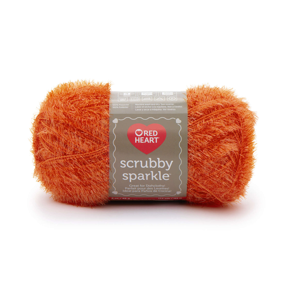 Ball of orange Red Heart Scrubby Sparkle yarn on white background