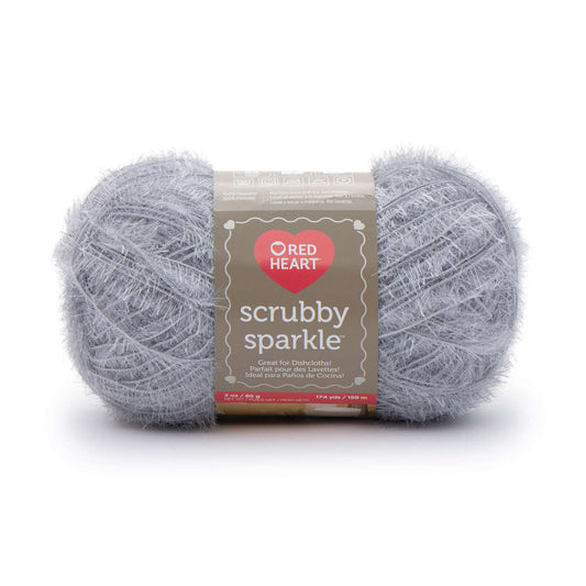 Ball of gray Red Heart Scrubby Sparkle yarn on white background
