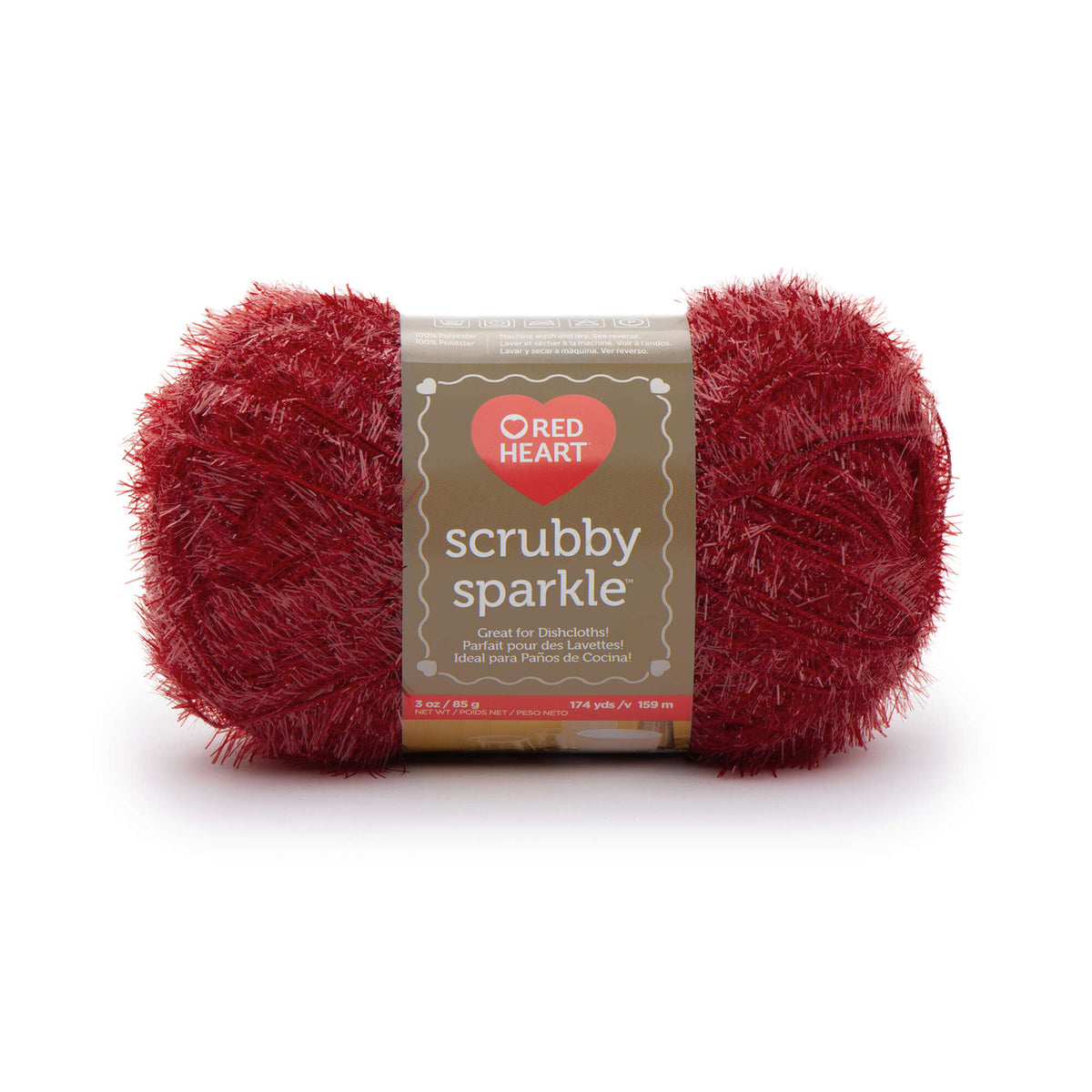 Ball of red Red Heart Scrubby Sparkle yarn on white background