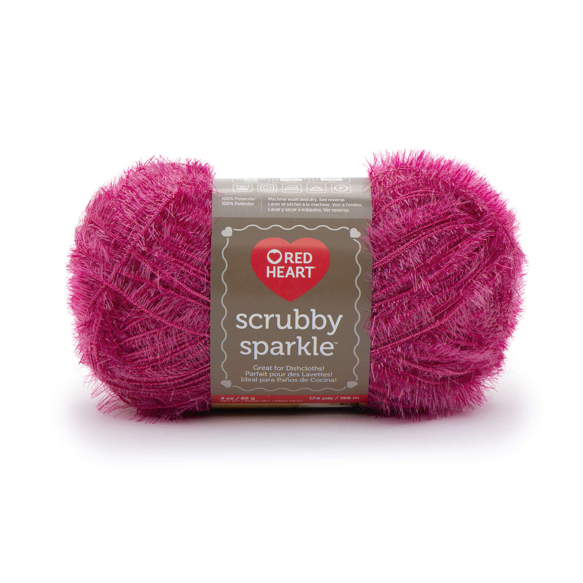 Ball of pink yarn with 'Red Heart Scrubby Sparkle' label on a white background