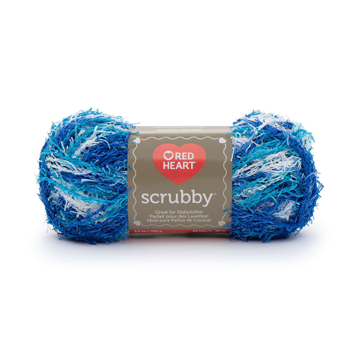 Ball of yarn with Red Heart Scrubby label on white background